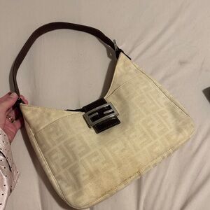 Authentic Fendi Cream FF Canvas Shoulder Bag with Brown Strap